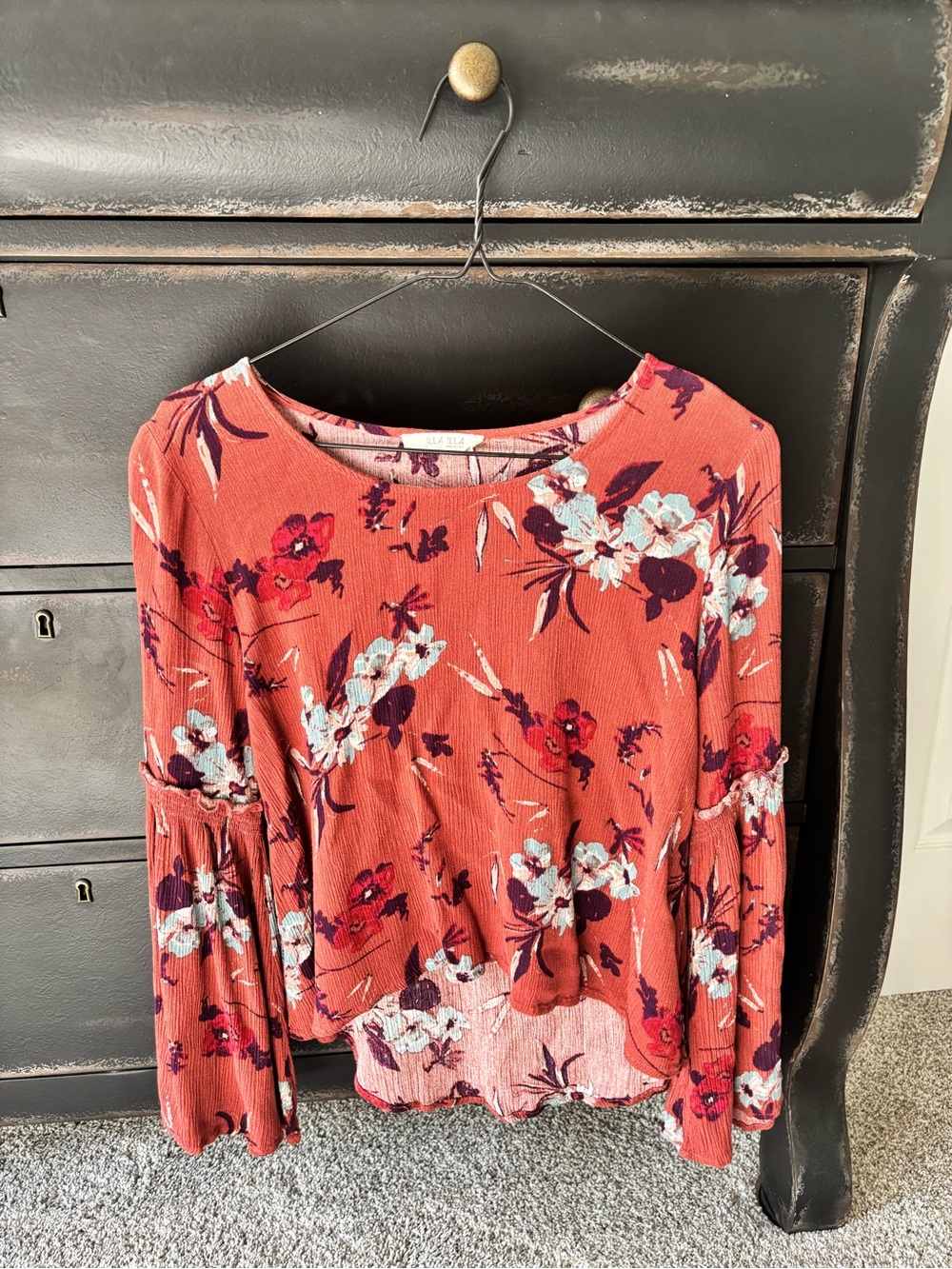ILLA ILLA Rust Floral Bell-Sleeve Top with Blue Accents